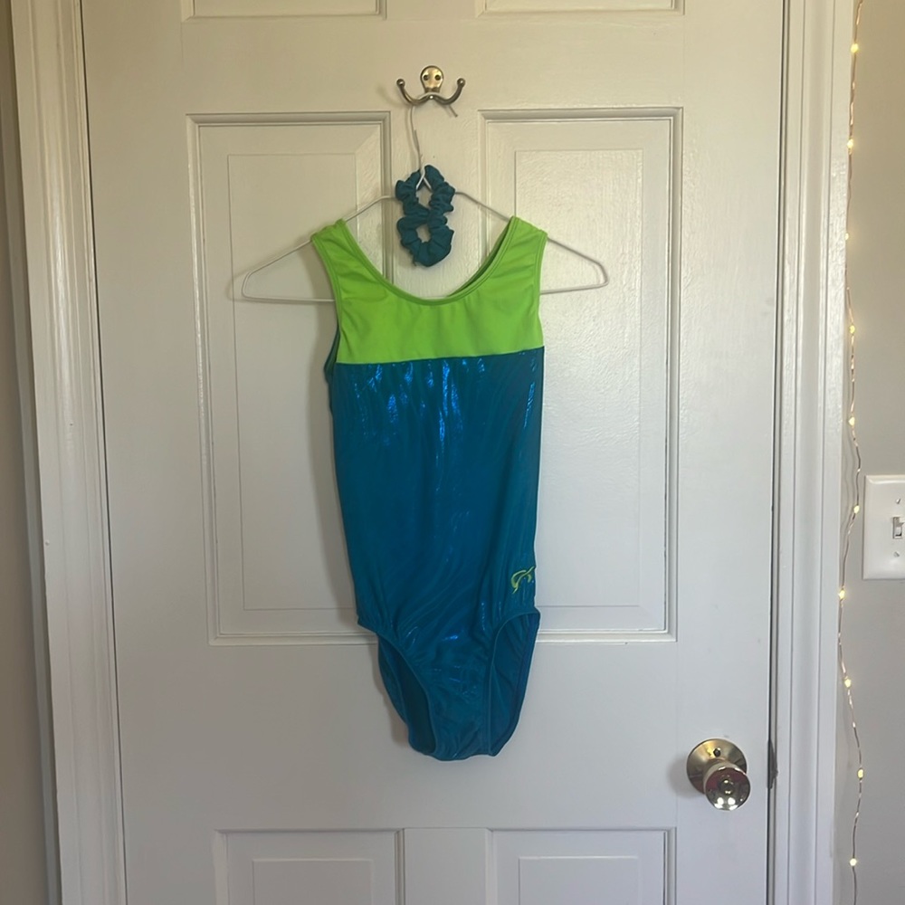 Elite GK blue zebra leotard with green straps in adult small.